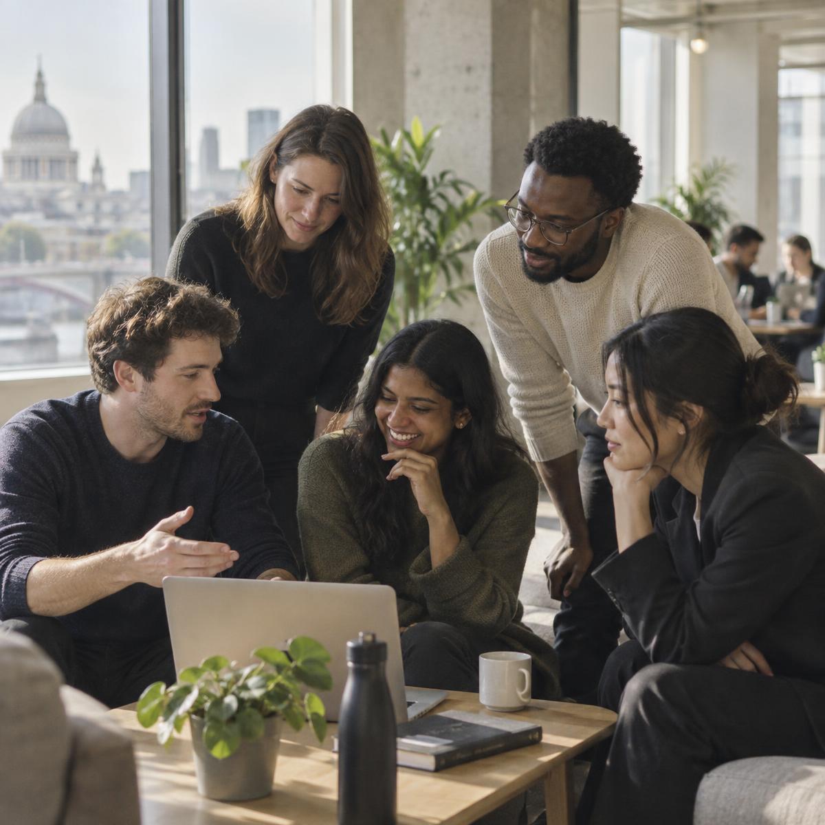 A sales team in a morning briefing at a London technology office
